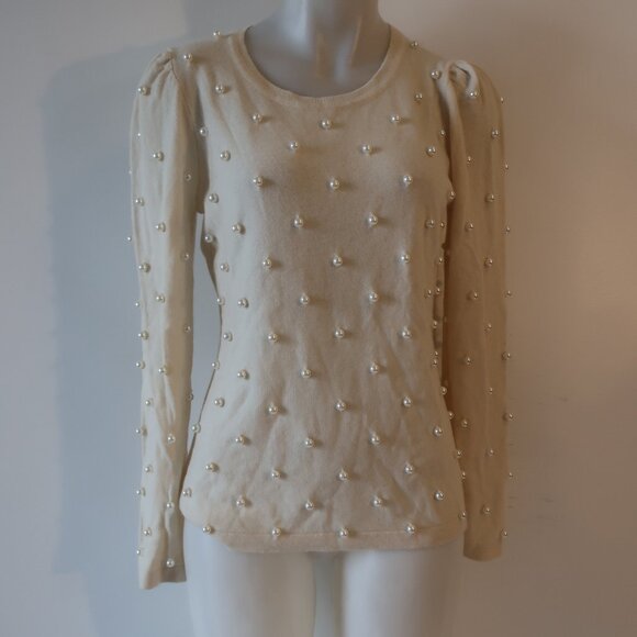 NWT Womens Qi Cashmere Ivory Pearl Bead Embellished Pure Cashmere Sweater M - Picture 1 of 14